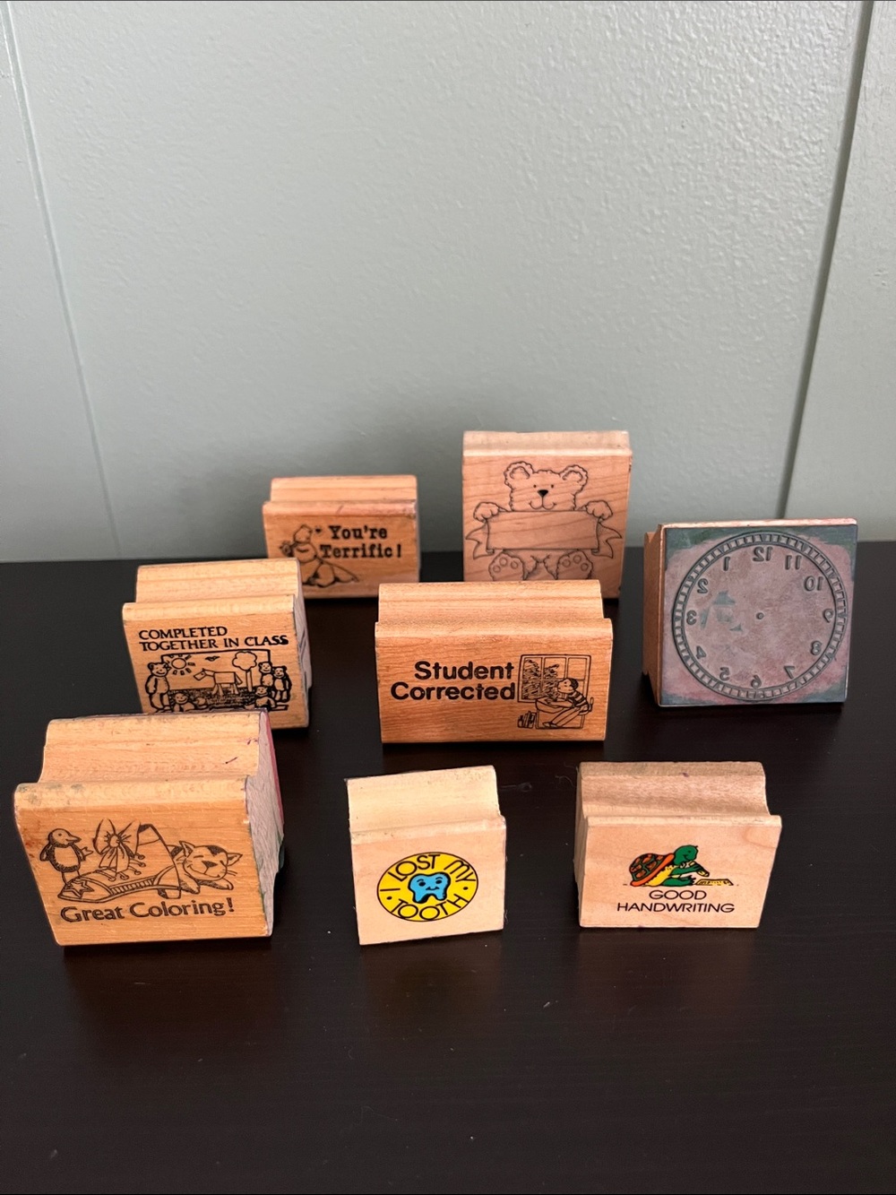 Set of 8 Cute School Reward Rubber Stamps - Wood Mounted